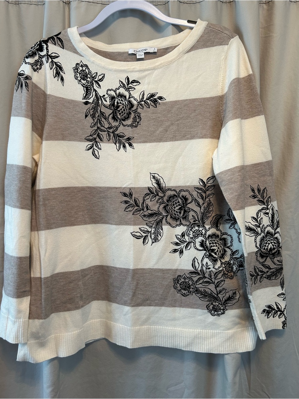 Chico's Cream and Taupe Striped Floral Knit Top